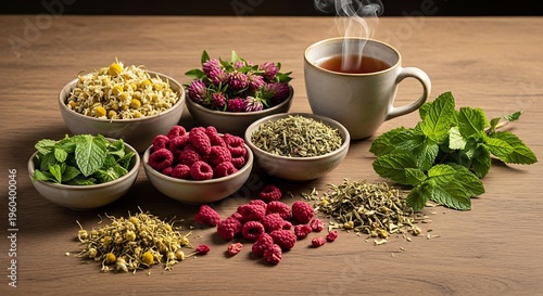 A collection of fresh herbs and berries arranged with a steaming cup of herbal tea on wood table