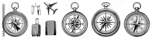 Classic pocket compasses pointing directions, travel including suitcase, airplane, skyscraper, navigation tools for, adventure gear, wanderlust symbols.