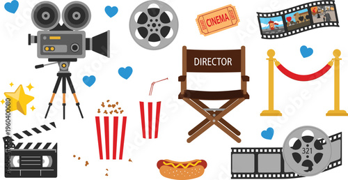 Cinema movie elements vector illustration set with camera film director chair popcorn and tickets in flat style design