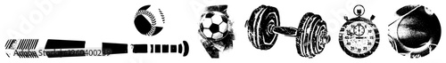Black and white vector of baseball, soccer ball, dumbbell, stopwatch, and tire tread, stylized with halftone textures and distressed edges for retro athletic theme.