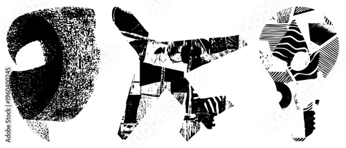 Three stylized forms with halftone and stippled textures, vector art, geometric abstraction, graphic design elements, isolated symbols.