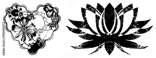 Intricate black heart with embedded blossoms and leaves, paired with stylized lotus bloom decorative vector art, tattoo or emblem design, symbolic motifs.