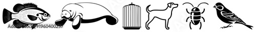 Vector illustrations of six animals fish, manatee, dog, bee, bird, and cage, rendered in minimalist black, ideal for design, print, or digital use.