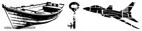Black and white vector illustrations of a classic rowboat, ornate key, and jet fighter, rendered in halftone texture with bold. Ideal for design, branding, or conceptual art.