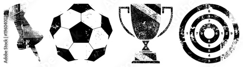 Black and white vector of soccer athlete, classic ball, championship cup, and scoring target, gritty halftone texture, sports victory symbols, athletic competition motifs.