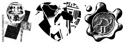 Japanese Daruma doll with kanji, stylized dog in fragmented shapes, seal with snake and “II”, vector.