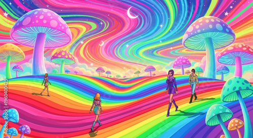 Psychedelic Mushroom Landscape with People Walking on Rainbow Hills