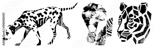 Stylized leopard, elephant, and tiger rendered with fragmented shapes, bold black, and textured, vector art, graphic design, wildlife motifs.