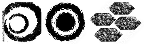 Artistic black ink strokes forming concentric rings and hexagonal shapes, grunge texture, vector graphic, isolated foreground elements, stylized abstract forms.