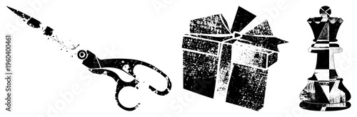 Graphic of scissors cutting, wrapped gift, and chess queen, stencil style, isolated vector elements for design use.