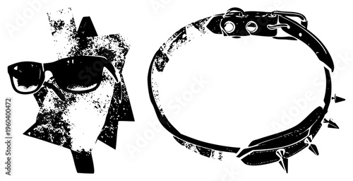 Edgy punk style portrait with sunglasses and collar, rebellious fashion, alternative subculture, black and white graphic, gritty texture, bold silhouette.