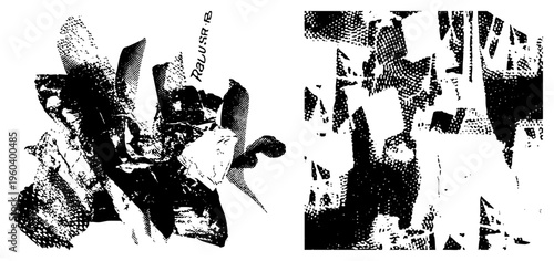 Fragmented abstract forms rendered in halftone, graphic art piece, digital vector illustration, stylized geometric shapes, design, modern art composition.