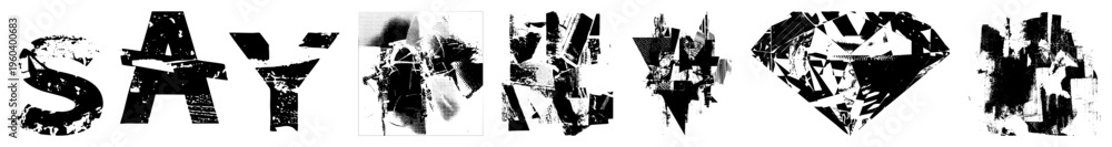 Obraz premium Fragmented letterforms with distressed texture, abstract geometric, glitch art style, typographic collage, urban art, black and white vector design.