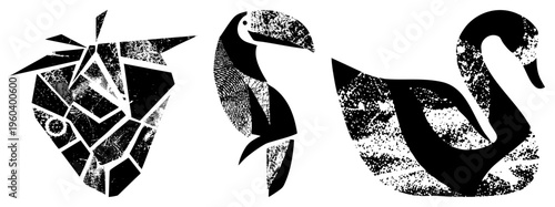 Stylized bird silhouettes rendered in fragmented geometric shapes with fingerprint like texture, isolated vector art, modern graphic design, wildlife motifs.