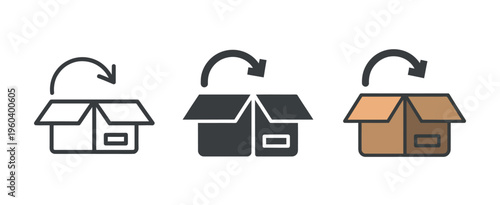 Open cardboard box with return arrow icon set representing product return policy, order exchange, and e-commerce logistics vector