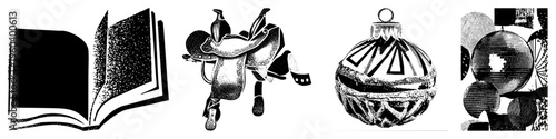Four halftone vector open book, western saddle, Christmas ornament, geometric spheres. Isolated for design use.