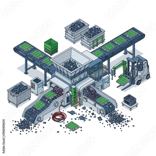 Isometric illustration showcasing a sophisticated electronic waste recycling plant, detailing the industrial process of material sorting, shredding, and sustainable resource recovery