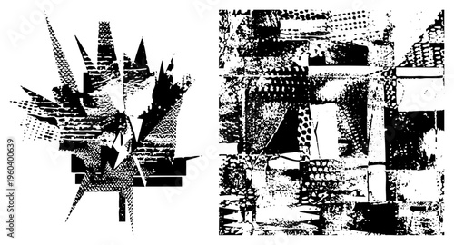 Black and white halftone graphic featuring sharp angular shapes, layered textures, and fragmented forms, ideal for modern design or layouts.