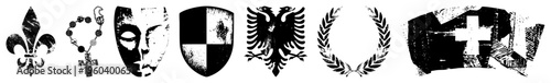 Historical including fleur de lis, rosary, mask, shield, eagle, laurel wreath, and emblem, vector set, symbolic insignia.