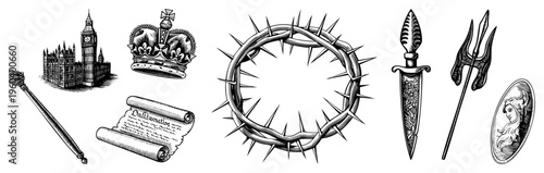 Monarch crown, crown, scepter, ancient scroll, ornate dagger, trident weapon, classical cameo, engraved symbols, historical emblems.