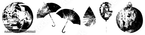 Cracked sphere, broken umbrellas, teardrop, balloon, ornament stylized with halftone grain, vector shapes, graphic design elements.