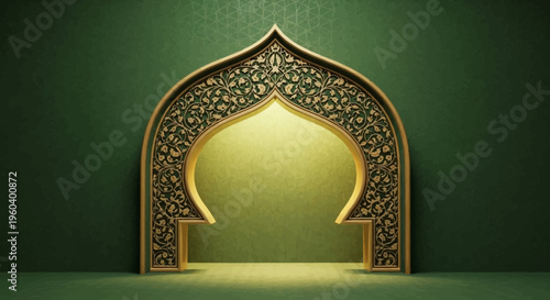 Islamic Archway Entrance with Ornate Golden Patterns on Green Textured Background