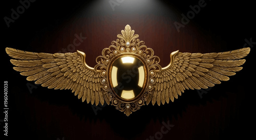 Ornate Golden Wings Emblem with Central Jewel, Vintage Style, Luxury Award