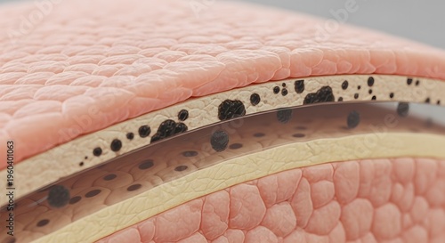 A detailed 3d medical illustration showing the microscopic layers of human skin with pigmentation