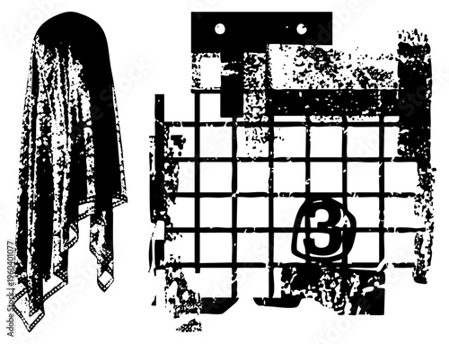 Black and white vector illustration of textured fabric draped over industrial metal grid, distressed texture, stylized design, graphic art, textile art.