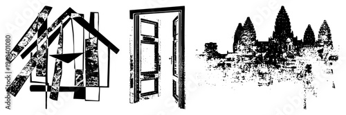 Stylized home using angular and layered rectangles, modern architectural symbol, flat vector design, urban dwelling representation.