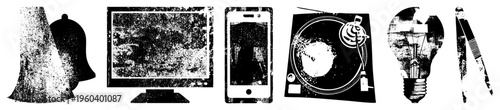 Retro tech symbols with gritty texture, analog devices, digital screens, glitch art, tech nostalgia, vector graphics.