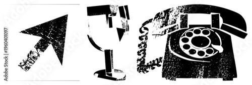Retro telephone with rotary dial, wine glass silhouette, computer mouse cursor, all in gritty halftone style, digital with vintage texture, isolated vector elements.