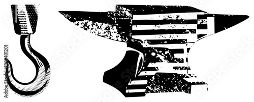 Stylized black and white graphic of anvil and lifting hook, halftone texture, industrial, forge tool, mechanical symbol, vector art.