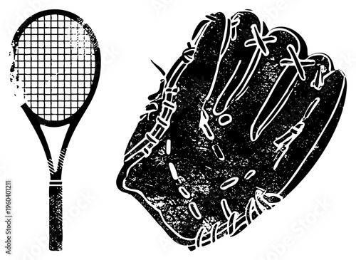 Classic tennis racket with grid strings and baseball glove with lacing, vintage sports gear, athletic equipment, racket and mitt, retro sports, black and white vector art.