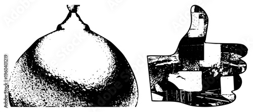 Grayscale halftone graphic of hand giving thumbs up beside hourglass, vintage approval, time acceptance symbol, retro approval emblem.