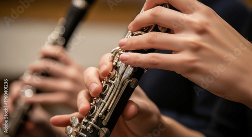 Musician's Hands Playing Clarinet in Orchestra Practice Session