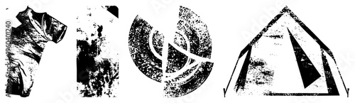 Vector art set with t shirt silhouette, grunge texture panel, circular abstract design, and tent all in halftone style with distressed effect.