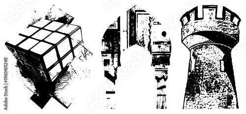 Classic chess set pieces including ’s cube, tower, and archway rendered in halftone, vector graphic, isolated elements, black and white, game.