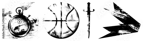 vector stopwatch, basketball, sword, arrow grunge halftone. Ideal for retro gaming, sports, UI.