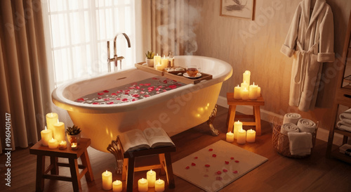 Romantic Bathtub with Candles and Rose Petals for Spa Relaxation