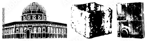 Dome shaped mosque structure with geometric, ancient stone blocks, religious architectural elements, Islamic design motifs, sacred site vector art.