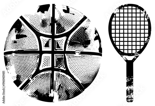 Vintage style halftone basketball and tennis racket, graphic sports symbols, vector design, athletic equipment, stylized sports.