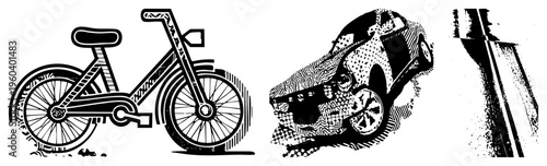 Retro styled bicycle with intricate and stylized car with halftone textures, both rendered in vector art, ideal for graphic design or print.