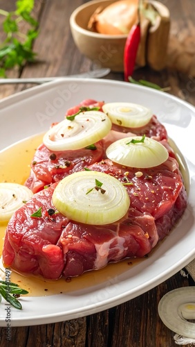 A plate of seasoned raw meat with onions on a wooden table