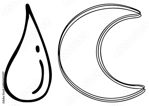 Simple black of a teardrop shaped water drop and moon, minimalist vector, isolated graphic elements, stylized nature symbols.
