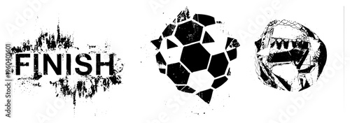 Distressed "FINISH" wordmark with splatter texture, fragmented soccer ball, stadium, gritty vector art, sports branding, athletic graphic design.