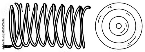 Mechanical spring and gear components, engineering, machine elements, industrial design, technical drawing, mechanical assembly, vector.