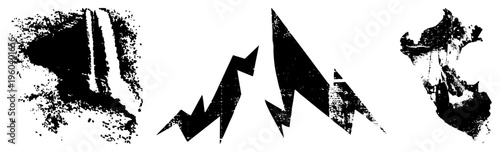 Stylized black symbols with distressed texture, glitch art elements, fragmented shapes, digital decay aesthetic, vector art design.