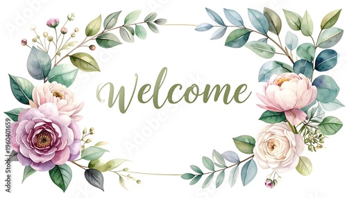 An oval floral arrangement features pastel pink roses and lush greenery surrounding the word 