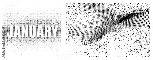 Vector halftone typography spelling “JANUARY” alongside abstract waveform, dot matrix style, graphic design element, retro print aesthetic,.